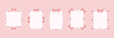 Pink bow frame set in delicate line art style. Vector collection of elegant ribbons and borders. Whimsical and romantic coquette decoration for Valentine cards, posters, menus, or birthday invitesのイラスト素材