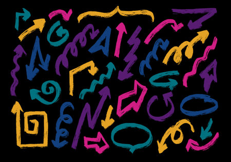 Rough paintbrush scribble arrows. Hand-drawn crayon elements on blackboard. Various sketched arrows with grunge textured strokes. Vector set of design objects drawn with a scratching marker pen.のイラスト素材