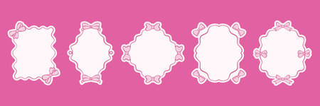 Hand-drawn vector frames with pink ribbons and bows. Elegant line art borders in romantic and feminine style. Decorative elements with vintage charm. Vector illustration.のイラスト素材