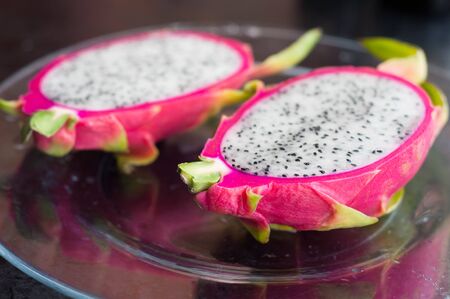 Dragon fruit on the glass plateの写真素材