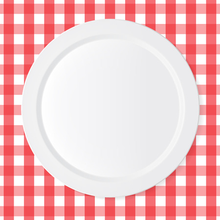 Ceramic circle white plate with red checkered tableclothのイラスト素材