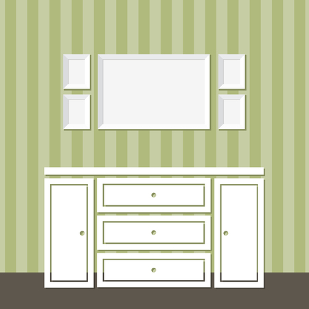 Interior with  photo frames on the wall and dresserのイラスト素材
