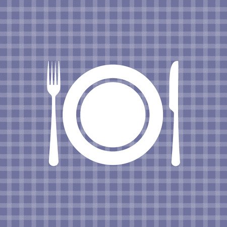 Plate knife and fork on violet picnic checkered tableclothのイラスト素材