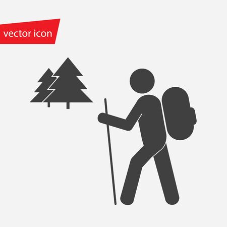 Vector icon of hiker with backpack against the background of fir treesのイラスト素材