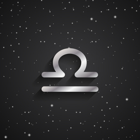 Libra zodiac symbol, silver zodiac icon on the background of black starry sky
