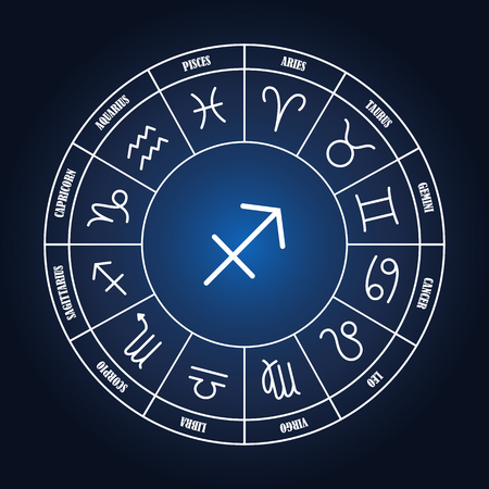 Sagittarius astrology sing in zodiac circle on the dark blue background, set of astrology singsのイラスト素材