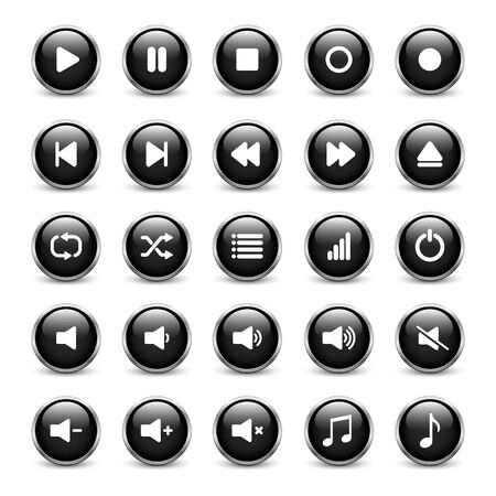 Set of black media player buttons with metal frame and shadowのイラスト素材