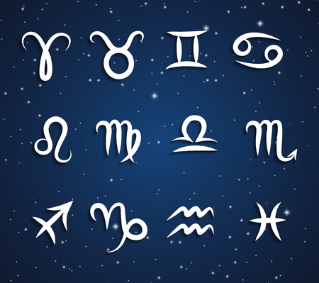Set of hand drawing zodiac symbols, white icons with shadow on the background of dark blue starry skyのイラスト素材