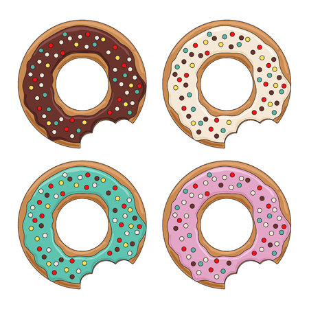 Set of four bitten glazed colored donuts with sprinkles, vector icons of donutsのイラスト素材