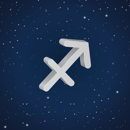 Sagittarius  zodiac symbol, 3D white zodiac icon on the background of dark blue starry skyのイラスト素材