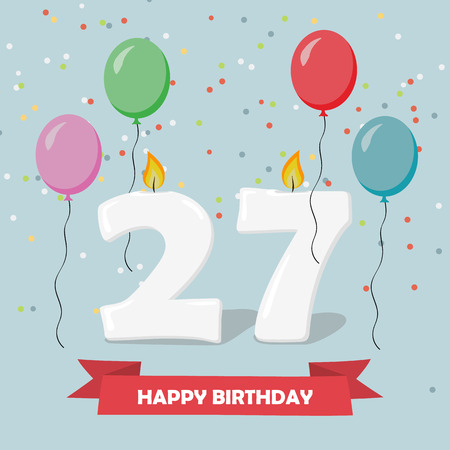 27 years celebration. Happy Birthday greeting card with candels, confetti and balloons.のイラスト素材