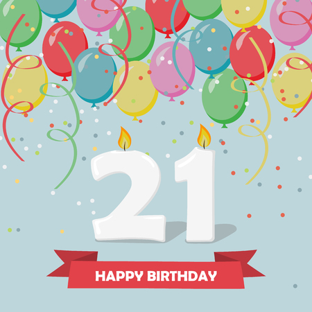 21 years celebration. Happy Birthday greeting card with candles, confetti and balloons.のイラスト素材