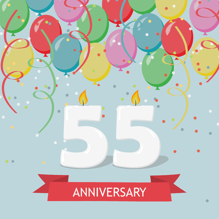 54 years selebration. Happy Birthday greeting card with candles, confetti and balloons.のイラスト素材