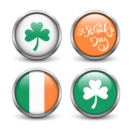 Set of buttons with symbols of St. Patrick's Day. Buttons with three leaf clover, flag of Ireland and hand lettering. Buttons with metal frame and shadow.のイラスト素材