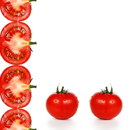 fresh juicy tomatoes on white background with ornament の写真素材