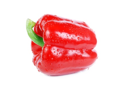 Fresh red pepper in water drops isolated on white backgroundの写真素材