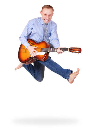 Expressive jumping man with guitar  on white backgroundの写真素材