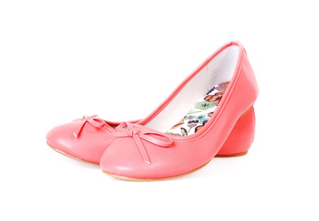 Pairs of fashionable pink shoes without heel isolated on white  Ballet flatsの写真素材