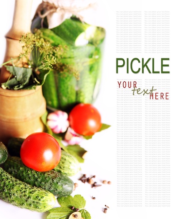 Background with pickled and fresh cucumbers, aroma herb and spicesの写真素材