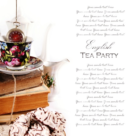 English tea party theme background with pocket wath and booksの写真素材