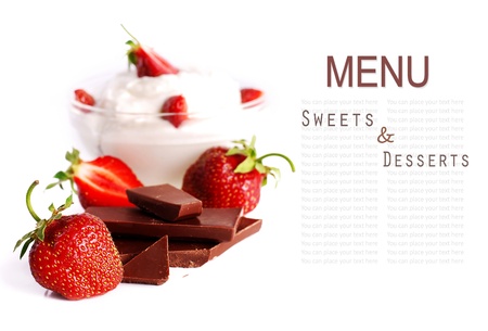 Fresh strawberry with cream and chocolate over white backgroundの写真素材