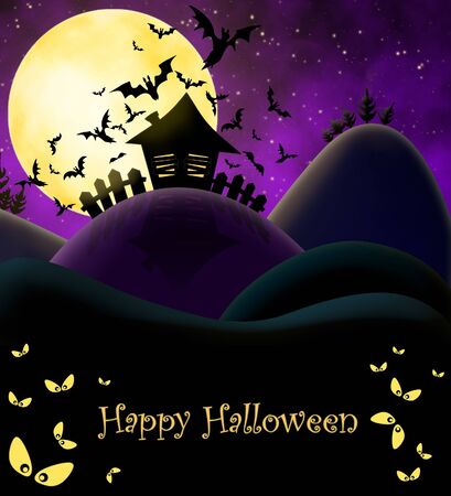 Happy Halloween ilustration with big yellow moon and silhouettes of traditional elementsの写真素材