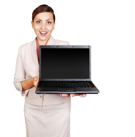 Positive business girl with laptop in handの写真素材