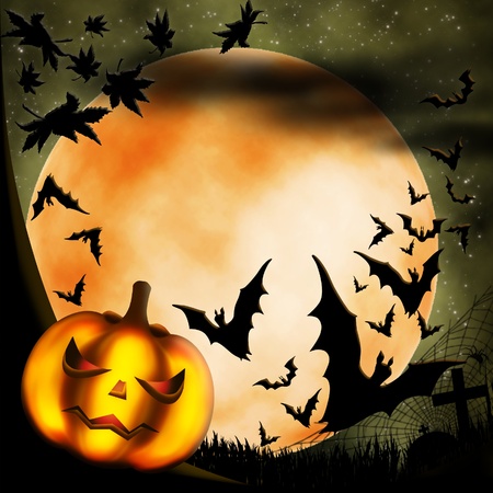 Halloween illustration with terrible pumpkin, moon and batsの写真素材