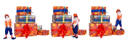 Three images of little funny christmas elf with gift boxesの写真素材