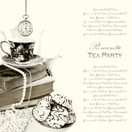 Romantic English 5 o'clock Tea Party Background with vintage pocket watch and sweetsの写真素材