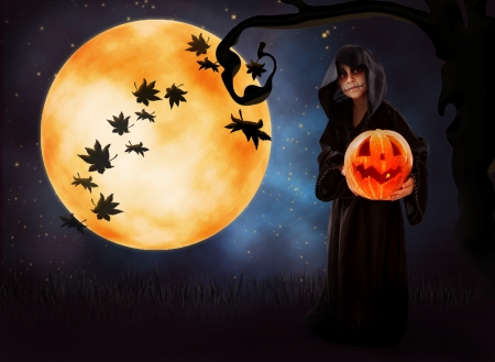 Halloween background with little boy in zombie fancy-dress and pumpkin headの写真素材