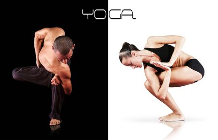 Yoga concept image - man and woman doing yoga exercisesの写真素材