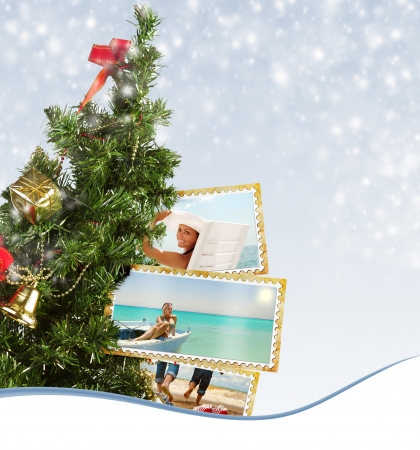 Snow background with Christmas Tree and exotic vacation postcardの写真素材