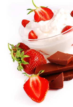 Closeup image of fresh strawberry and chocolate over white backgroundの写真素材