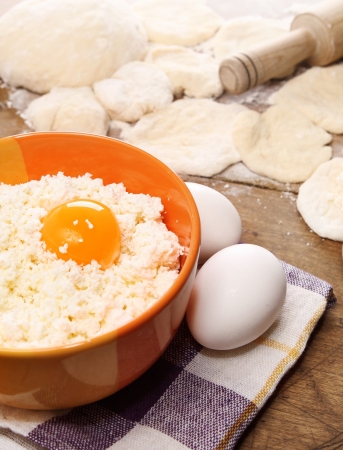 Cheese cottage stuffing with eggs for  patties cookingの写真素材