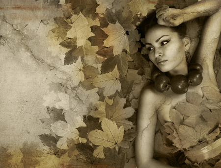 Perfect lady Autumn with grunge texture old wallの写真素材