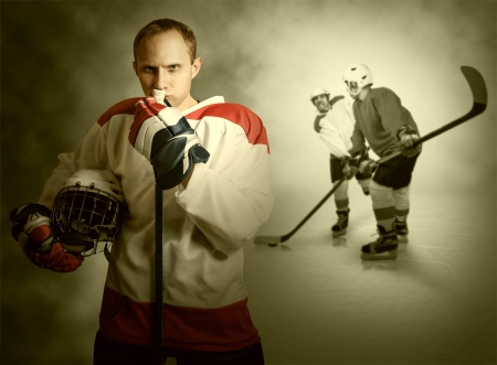 Ice hockey players on dramatick backgroundの写真素材