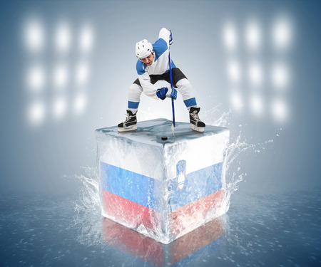 Russia - Slovenia game  Face-off player on the ice cube の写真素材