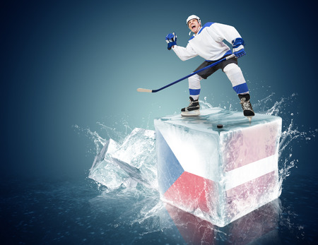 Spunky hockey player on ice cube of Czech republic - Latvia gameの写真素材