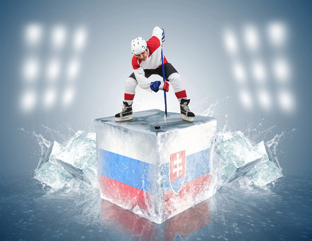 Face-off player on the ice cube of Russia - Slovakia gameの写真素材