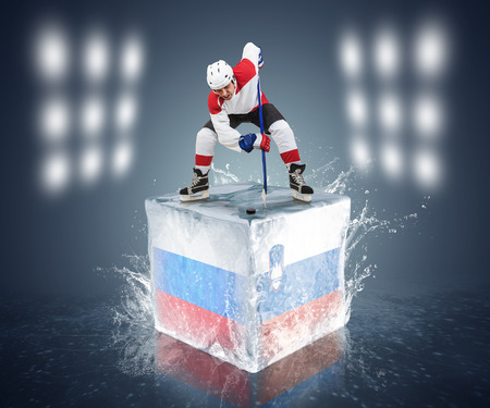 Face-off player on the ice cube of Russia - Slovenia gameの写真素材