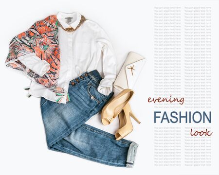 Elegant fashion evening look with jeans on white backgroundの写真素材