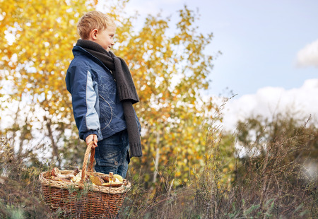 Boy in autumn forest with ful basket of mushroomsの写真素材