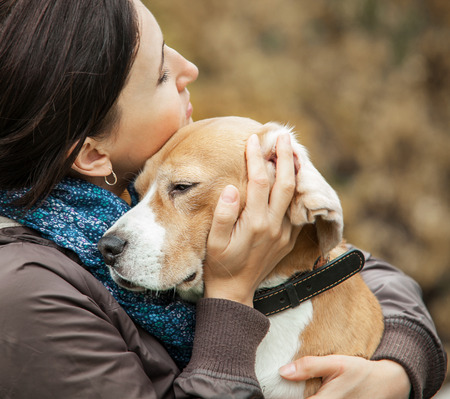 animal, beagle, beauty, breed, canine, caucasian, cute, dog, ears, emotional, energy, expression, face, female, friend, friendship, girl, happiness, happy, hug, human, kiss, leisure, lifestyle, love, nature, outdoor, owner, park, people, person, pet, playの写真素材