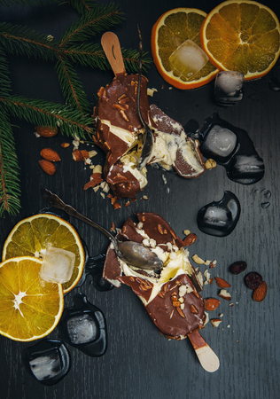 Chocolate ice cream with almond nutsの写真素材