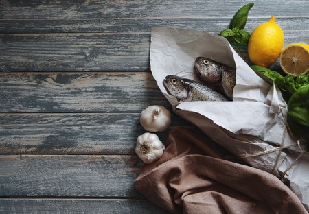 Fresh trouts on the tableの写真素材