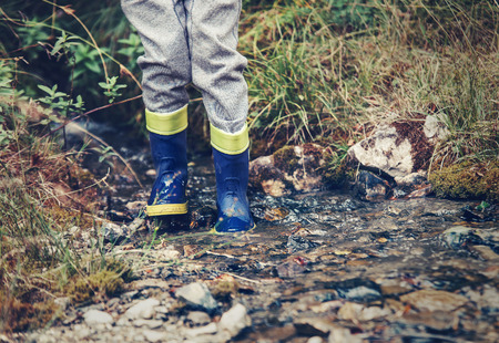 Child legs in gum boots into the forest creekの写真素材