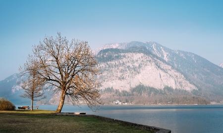 Evening time on mountain Hallstatt lake in Austriaの写真素材