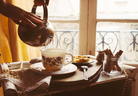 Morning tea with vintage tea propsの写真素材