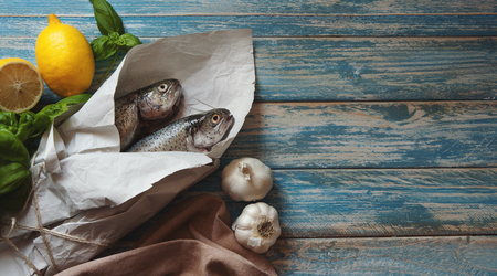 Fresh trouts on the tableの写真素材
